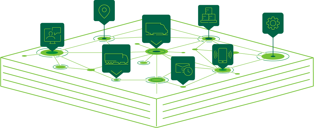 Private Transport Platform – many icon's representing transport trucks, phone, map pin and package connected together on rectangular platform.